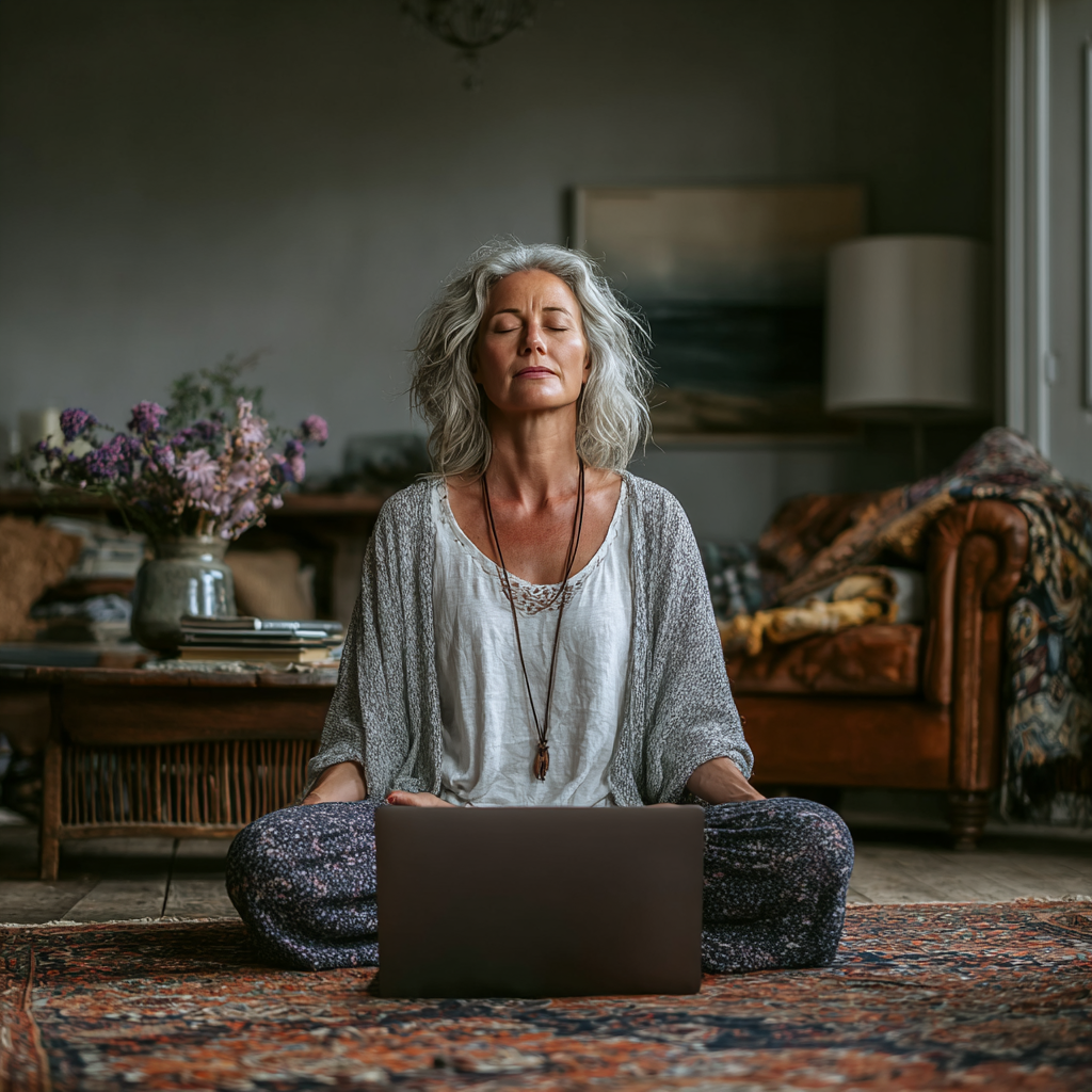 Жінка 52 років займається йогою вдома перед ноутбуком, беручи участь в онлайн-класі crundileth у затишній вітальні