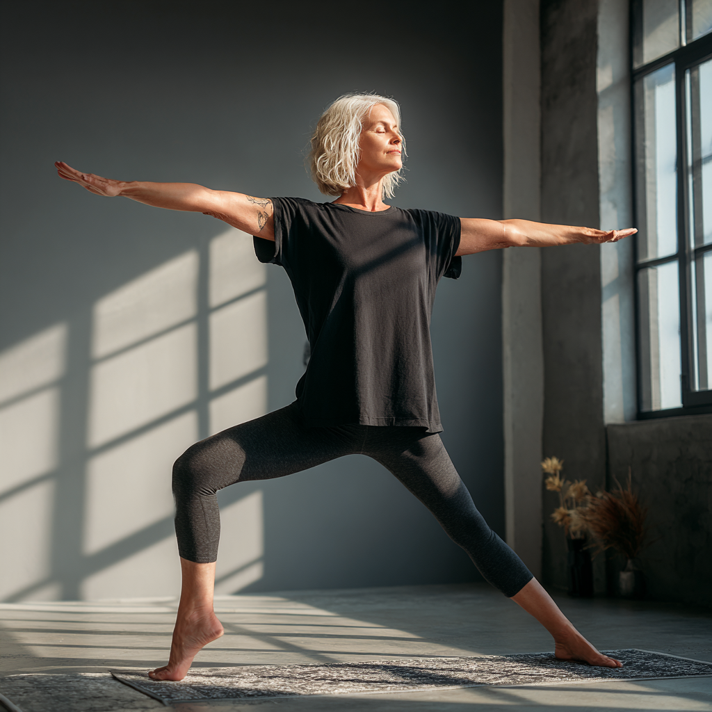 Жінка 55 років виконує асану йоги на килимку в світлій студії, демонструючи правильну техніку для початківців