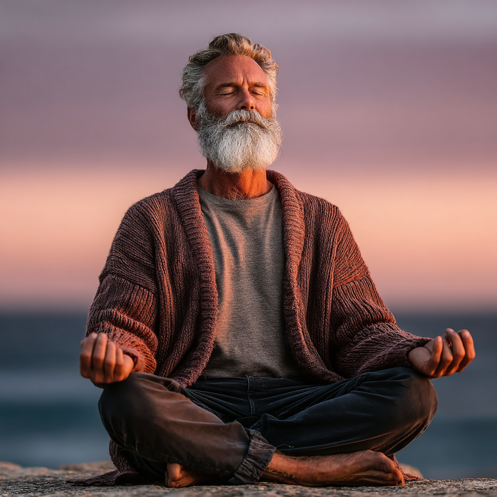Чоловік 58 років у позі лотоса медитує на березі моря під час світанку, втілюючи філософію балансу та зв'язку з природою