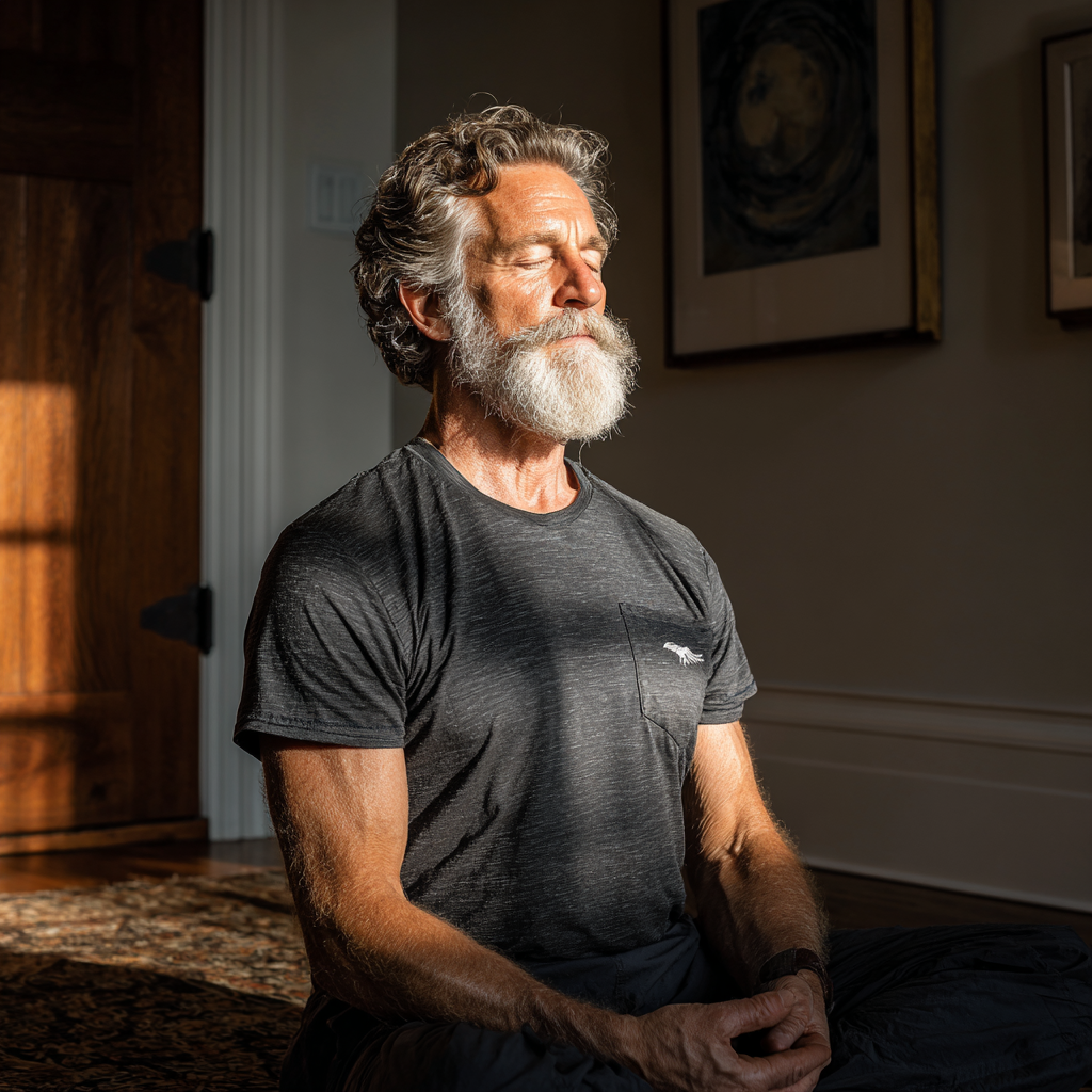 Чоловік 60 років у медитативній позі сидить у тихому куточку з закритими очима, практикуючи техніки дихання та відчуваючи внутрішній спокій